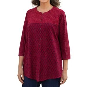 Gudrun Sjoden Burgundy Floral Print Tunic Top Lagenlook Button Front Size S
